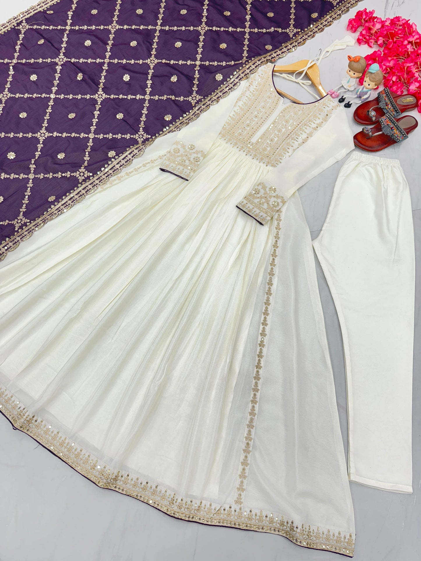 Magnificent Pure Chinon Silk Sequins Embroidered Anarkali Pant Suit - Ethnicwish