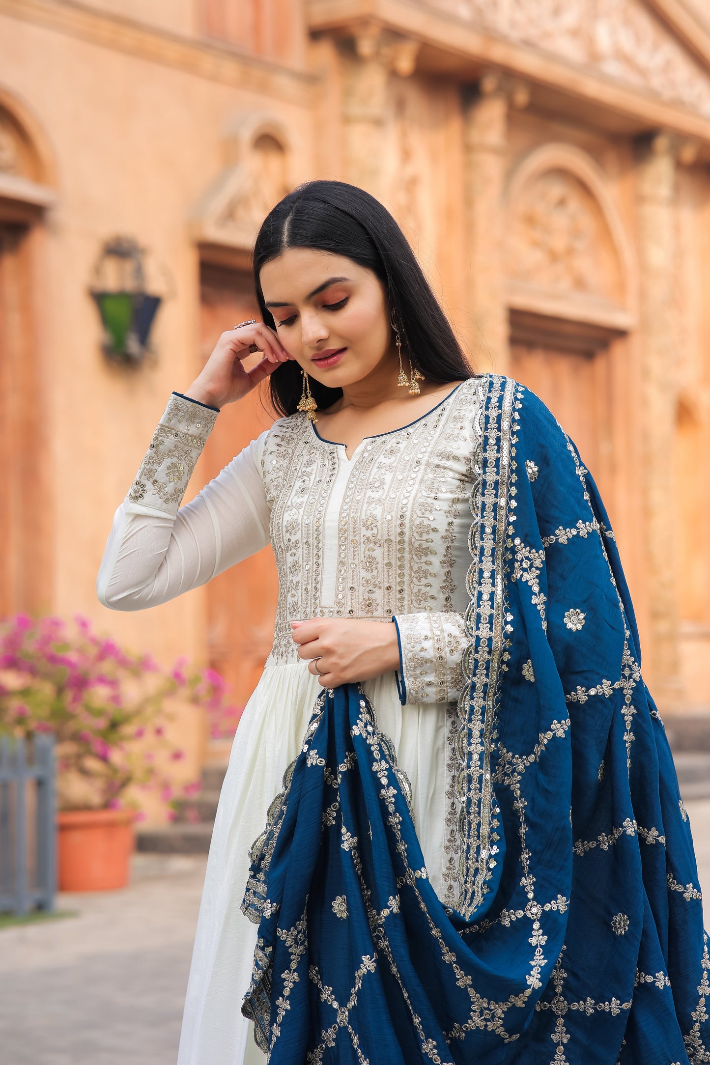 Magnificent Pure Chinon Silk Sequins Embroidered Anarkali Pant Suit - Ethnicwish