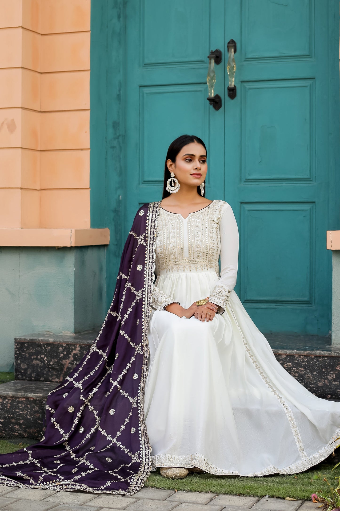 Magnificent Pure Chinon Silk Sequins Embroidered Anarkali Pant Suit - Ethnicwish