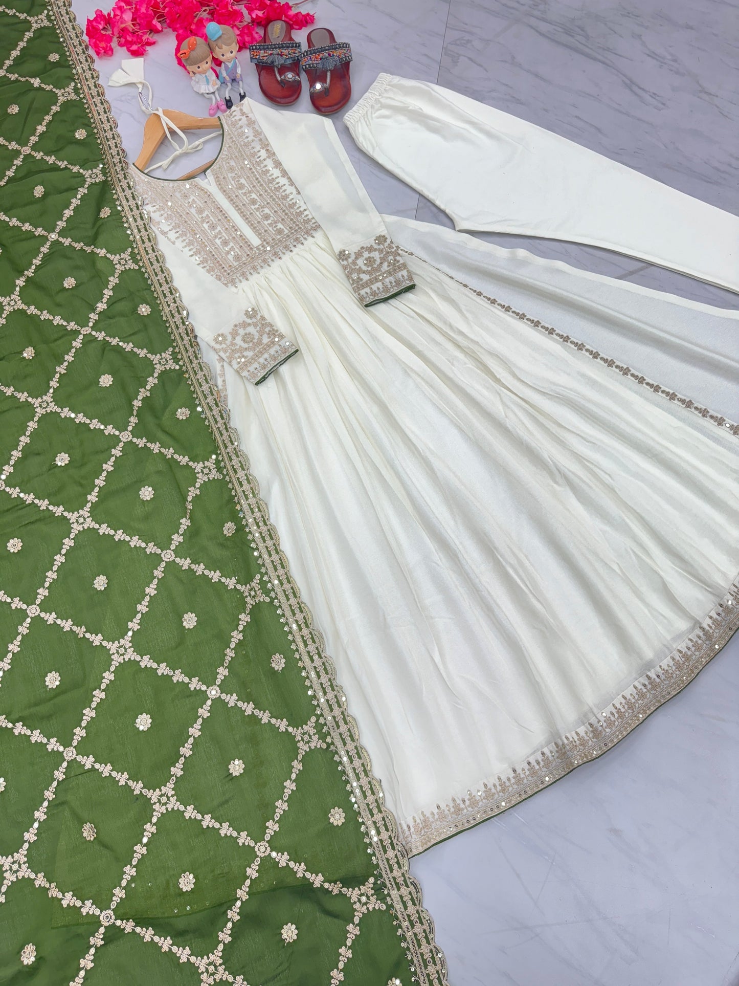Magnificent Pure Chinon Silk Sequins Embroidered Anarkali Pant Suit - Ethnicwish