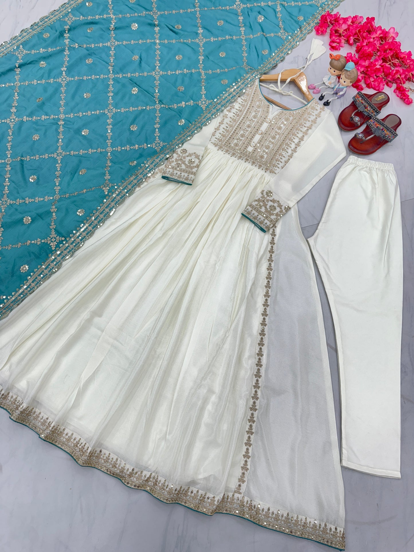 Magnificent Pure Chinon Silk Sequins Embroidered Anarkali Pant Suit - Ethnicwish
