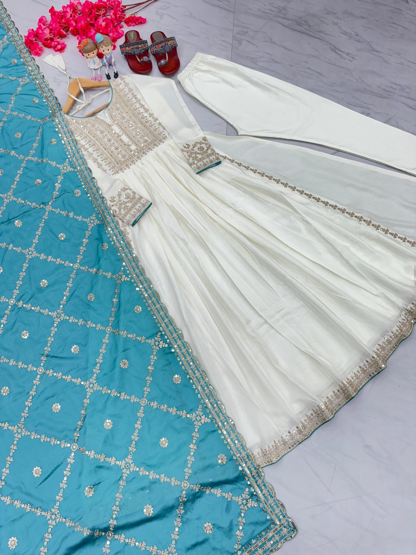 Magnificent Pure Chinon Silk Sequins Embroidered Anarkali Pant Suit - Ethnicwish