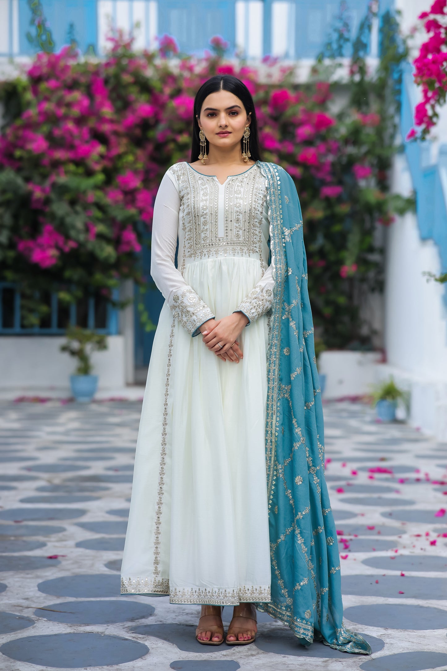 Magnificent Pure Chinon Silk Sequins Embroidered Anarkali Pant Suit - Ethnicwish