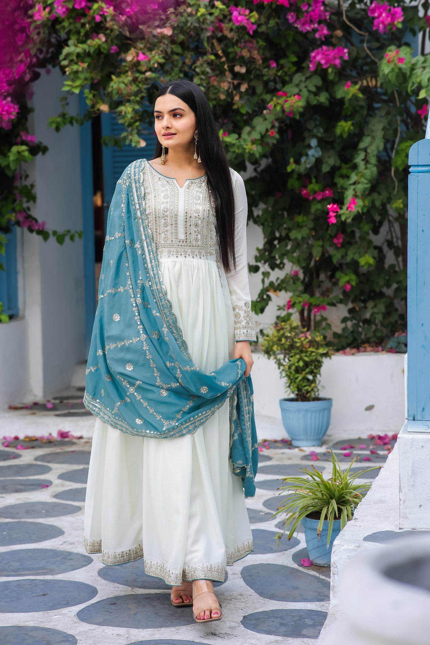 Magnificent Pure Chinon Silk Sequins Embroidered Anarkali Pant Suit - Ethnicwish