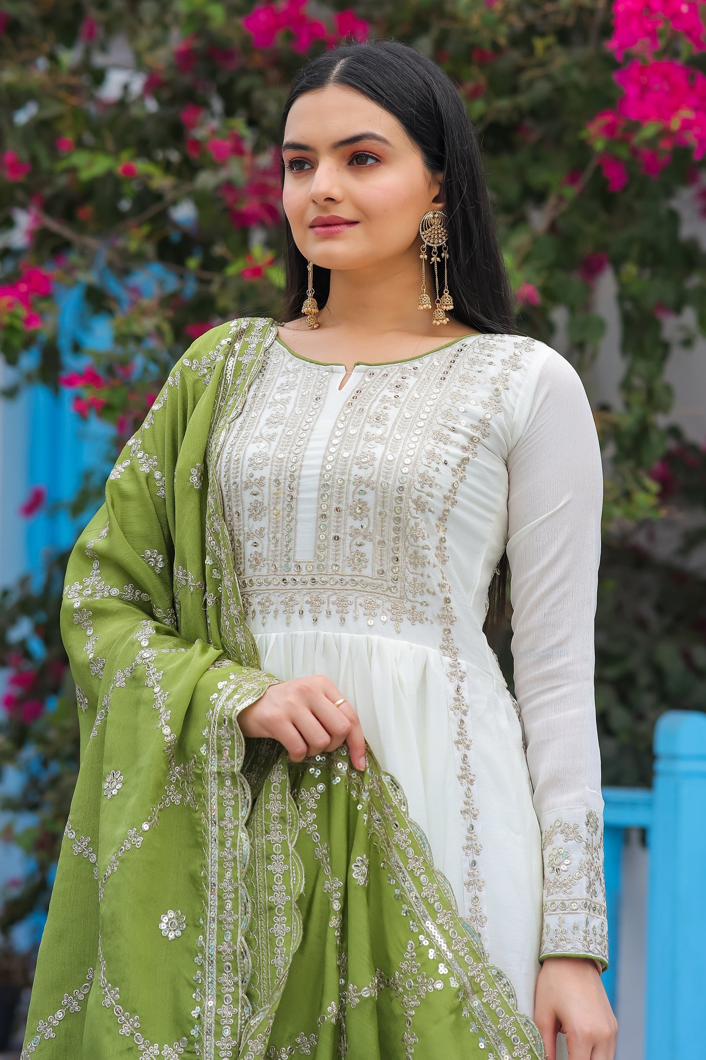 Magnificent Pure Chinon Silk Sequins Embroidered Anarkali Pant Suit - Ethnicwish