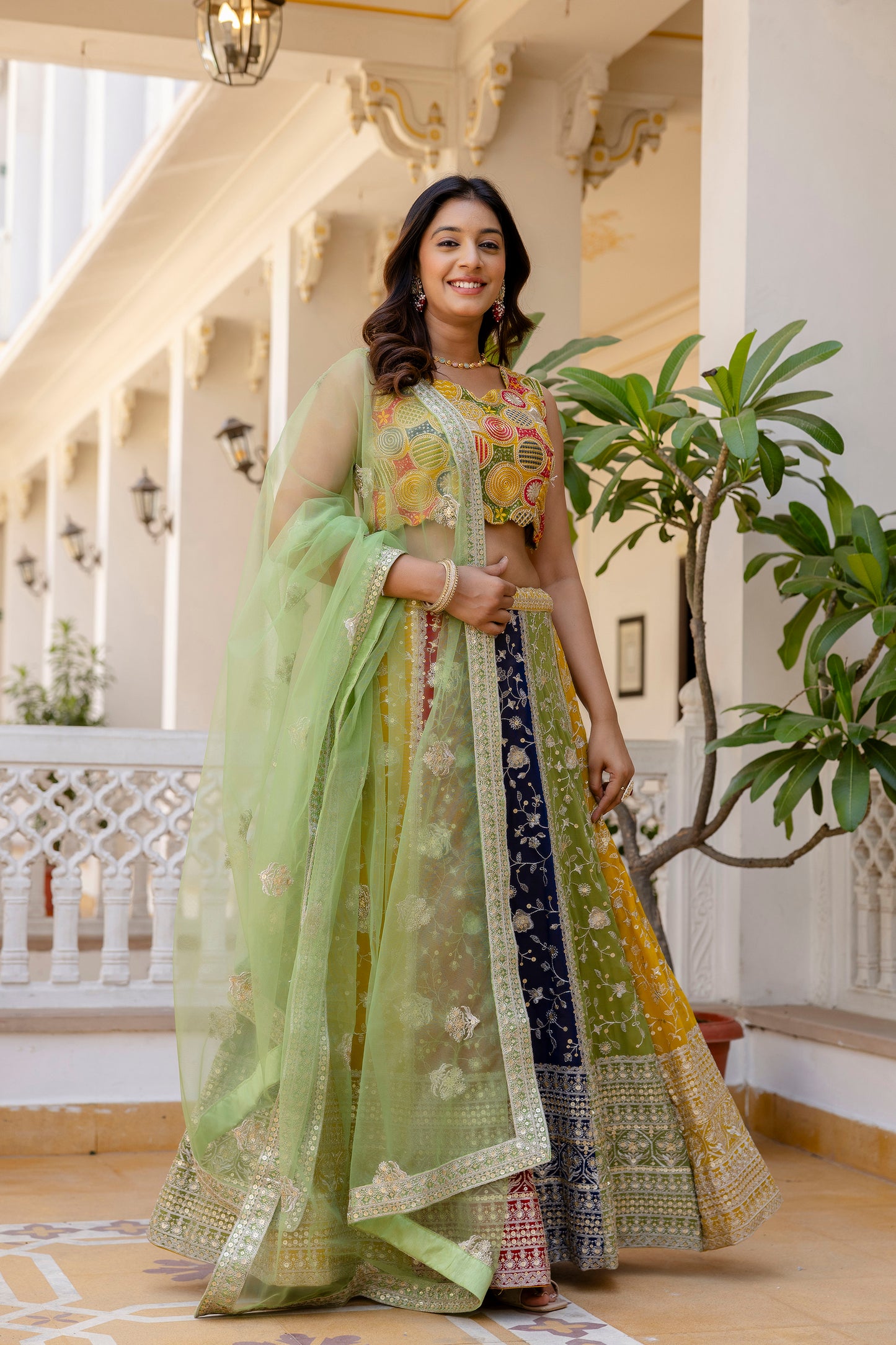 Multicolored Faux Georgette Sequins Thread Worked Lehenga Choli