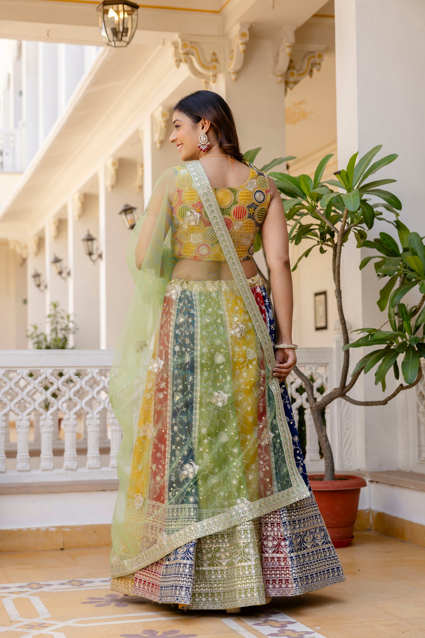 Multicolored Faux Georgette Sequins Thread Worked Lehenga Choli
