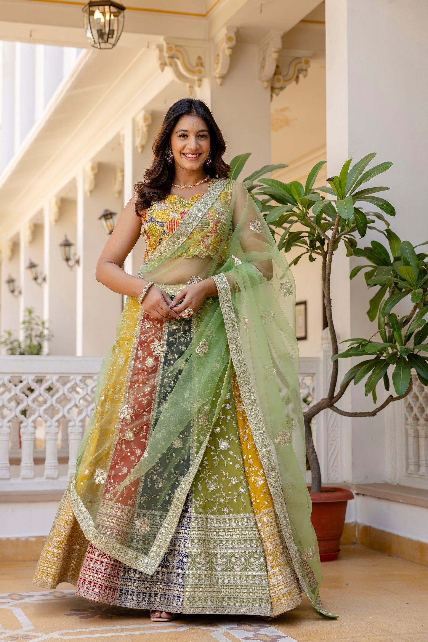 Multicolored Faux Georgette Sequins Thread Worked Lehenga Choli