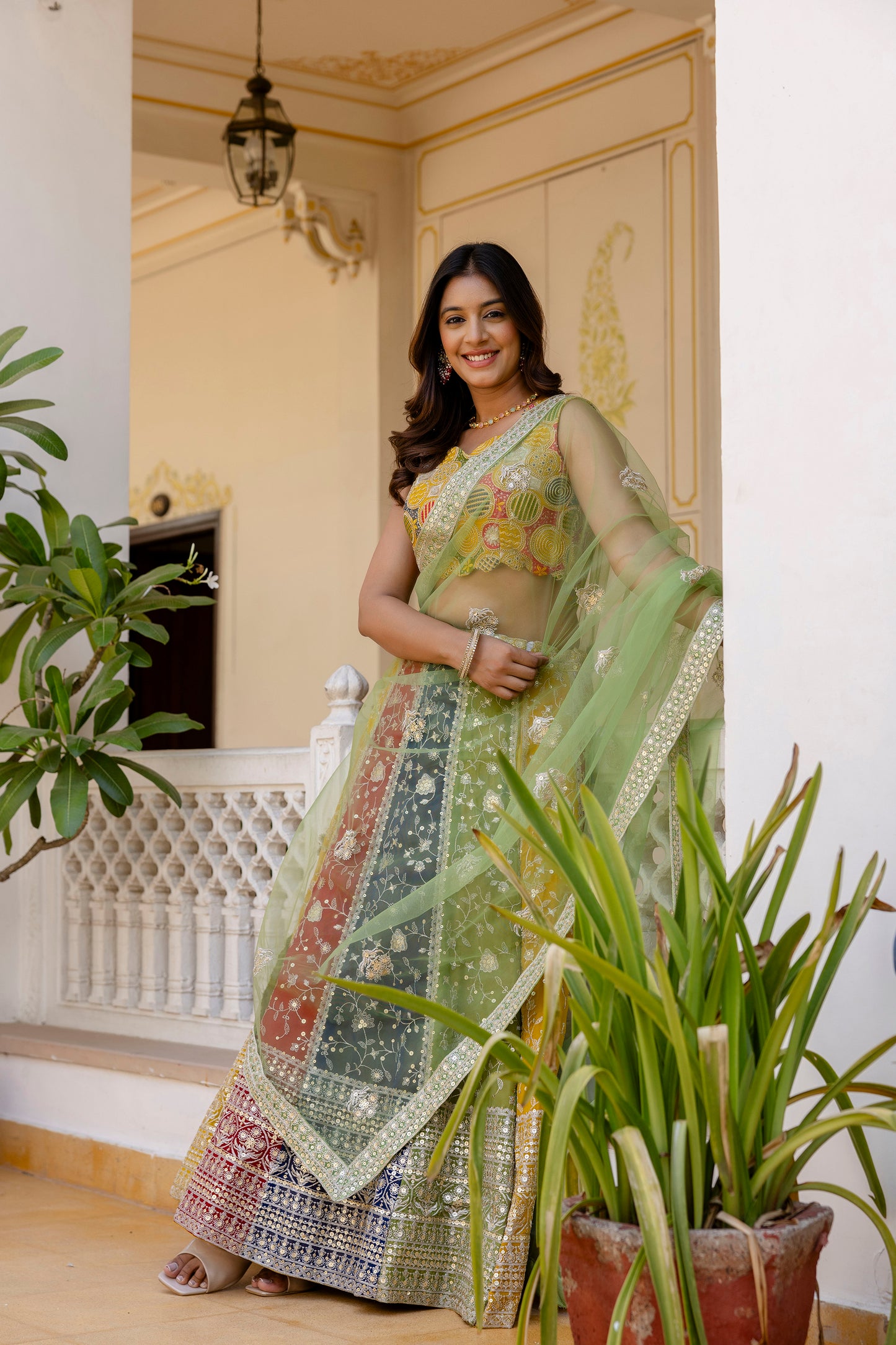 Multicolored Faux Georgette Sequins Thread Worked Lehenga Choli