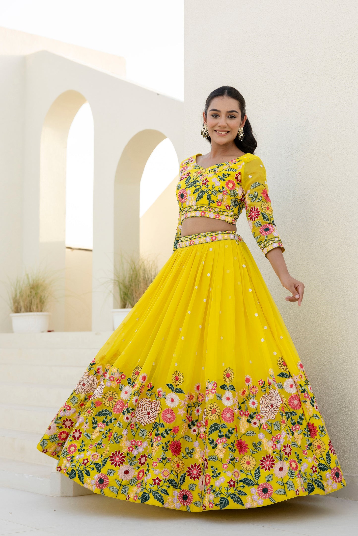 Yellow Floral Sequins Thread Embroidered Lehenga Choli