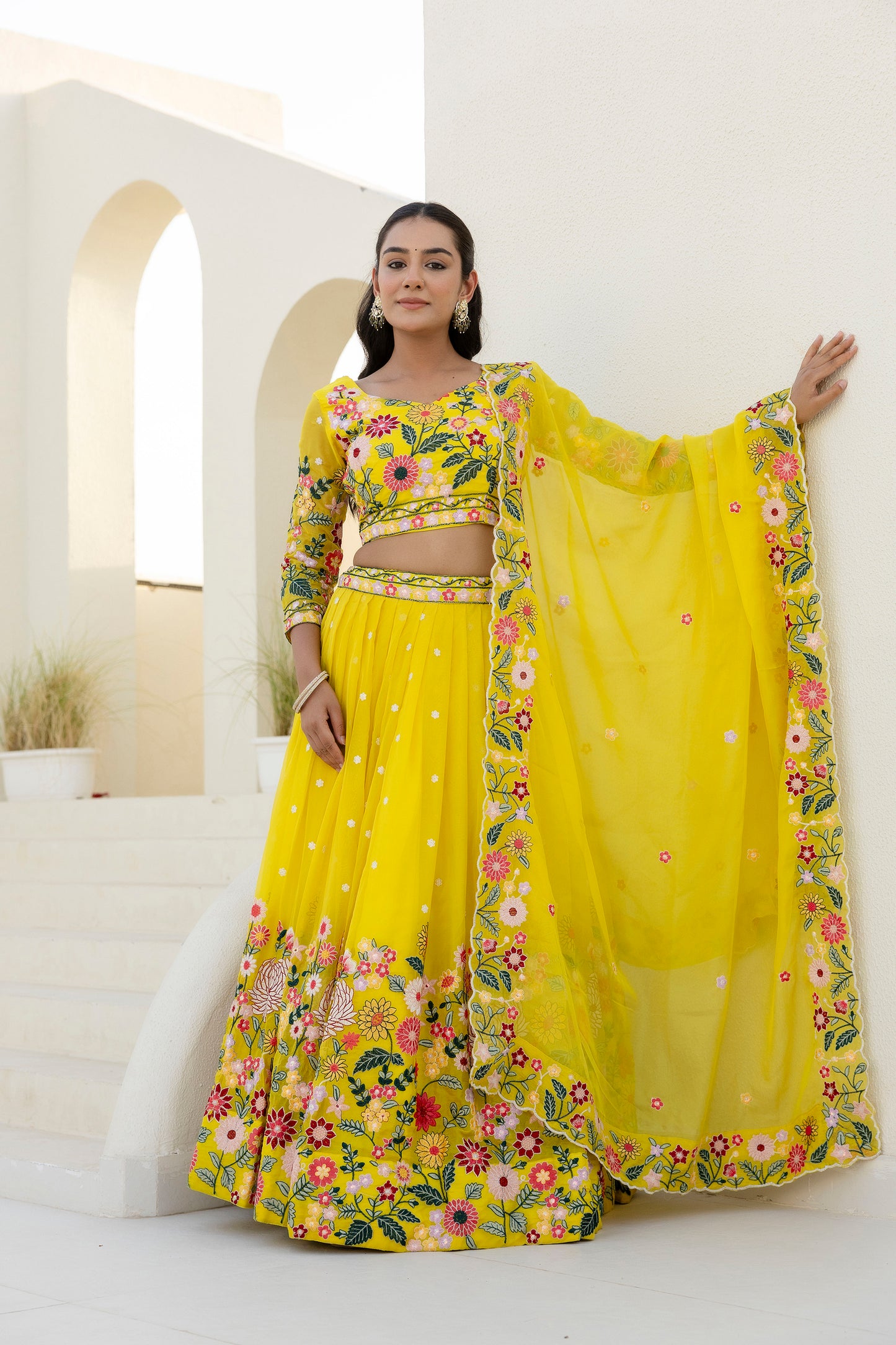Yellow Floral Sequins Thread Embroidered Lehenga Choli