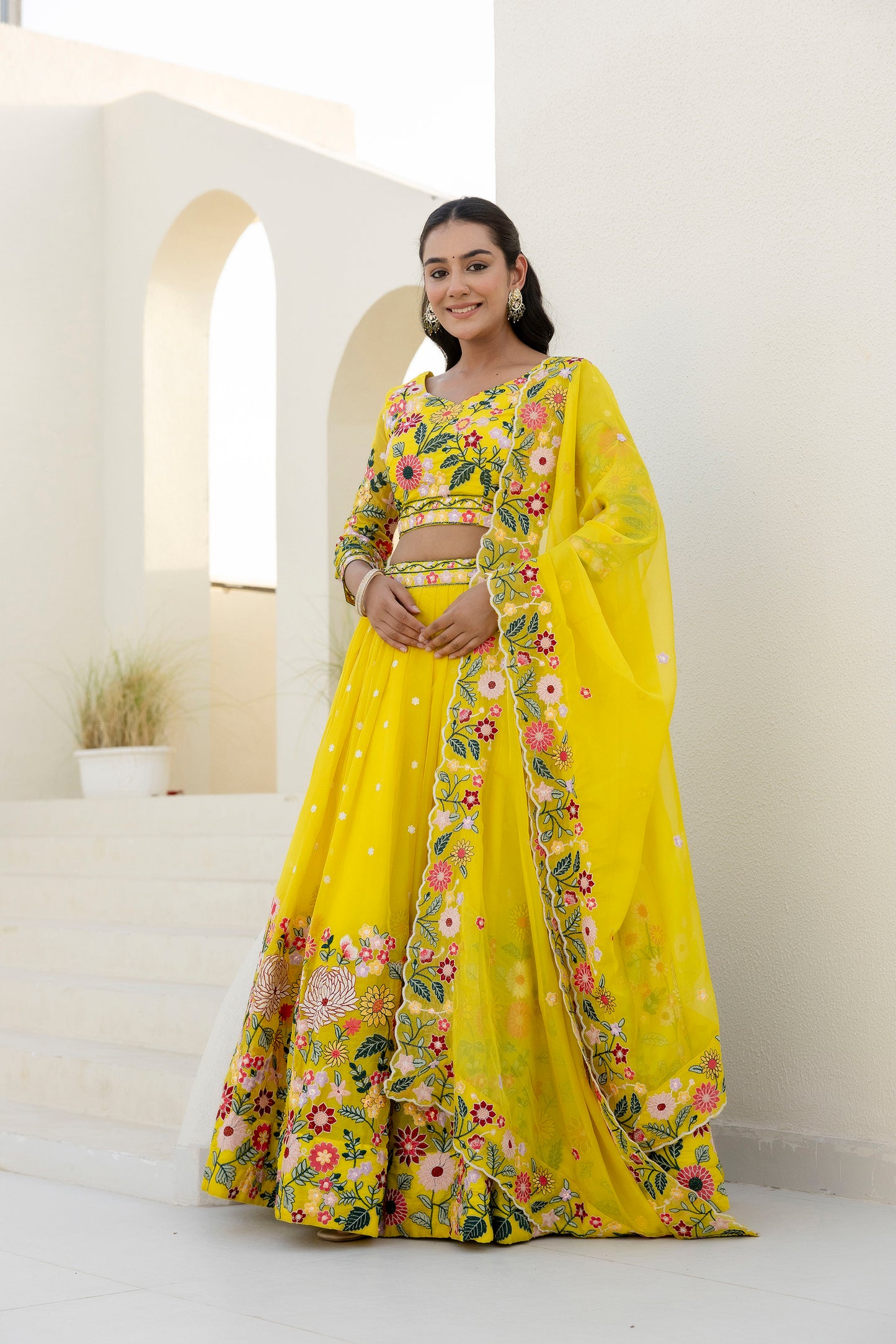 Yellow Floral Sequins Thread Embroidered Lehenga Choli