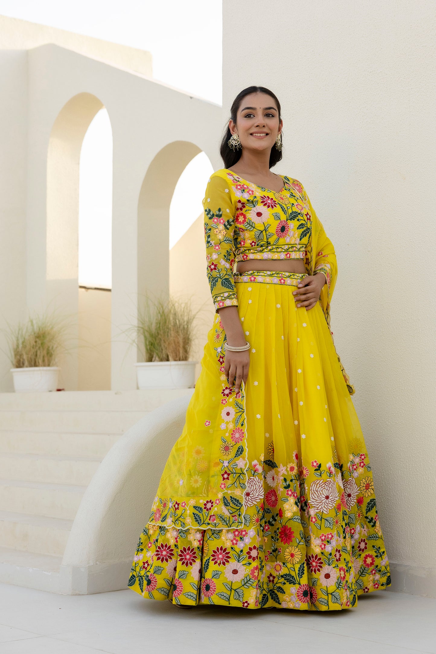Yellow Floral Sequins Thread Embroidered Lehenga Choli