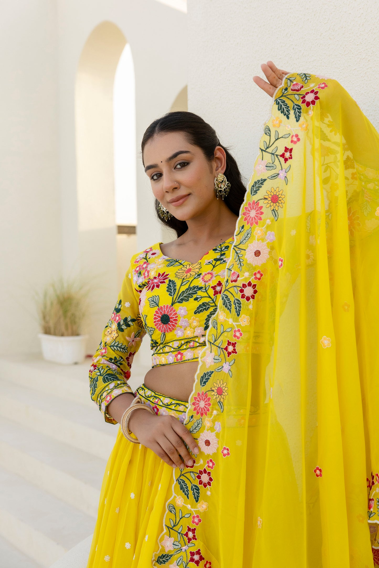 Yellow Floral Sequins Thread Embroidered Lehenga Choli