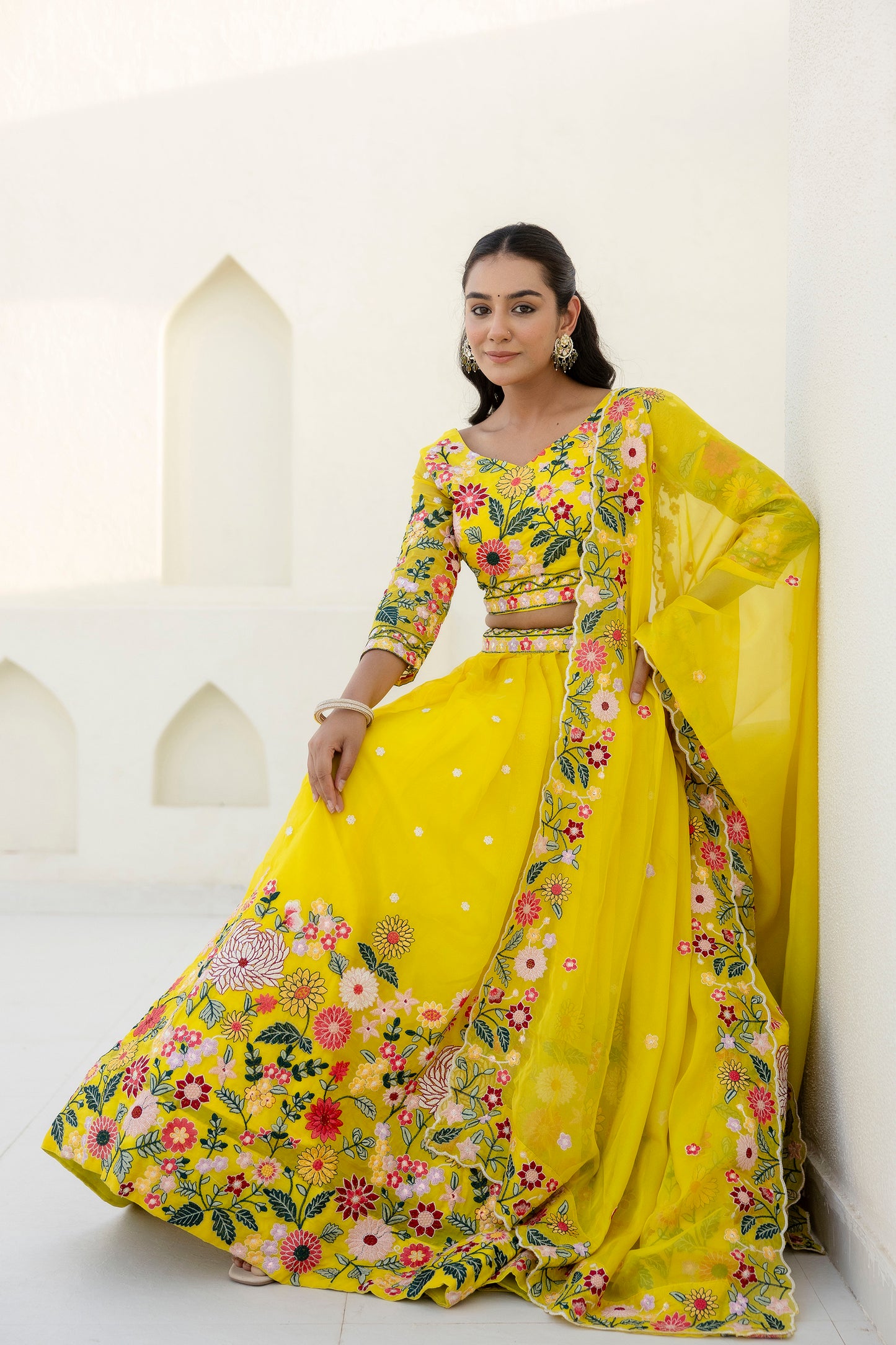Yellow Floral Sequins Thread Embroidered Lehenga Choli