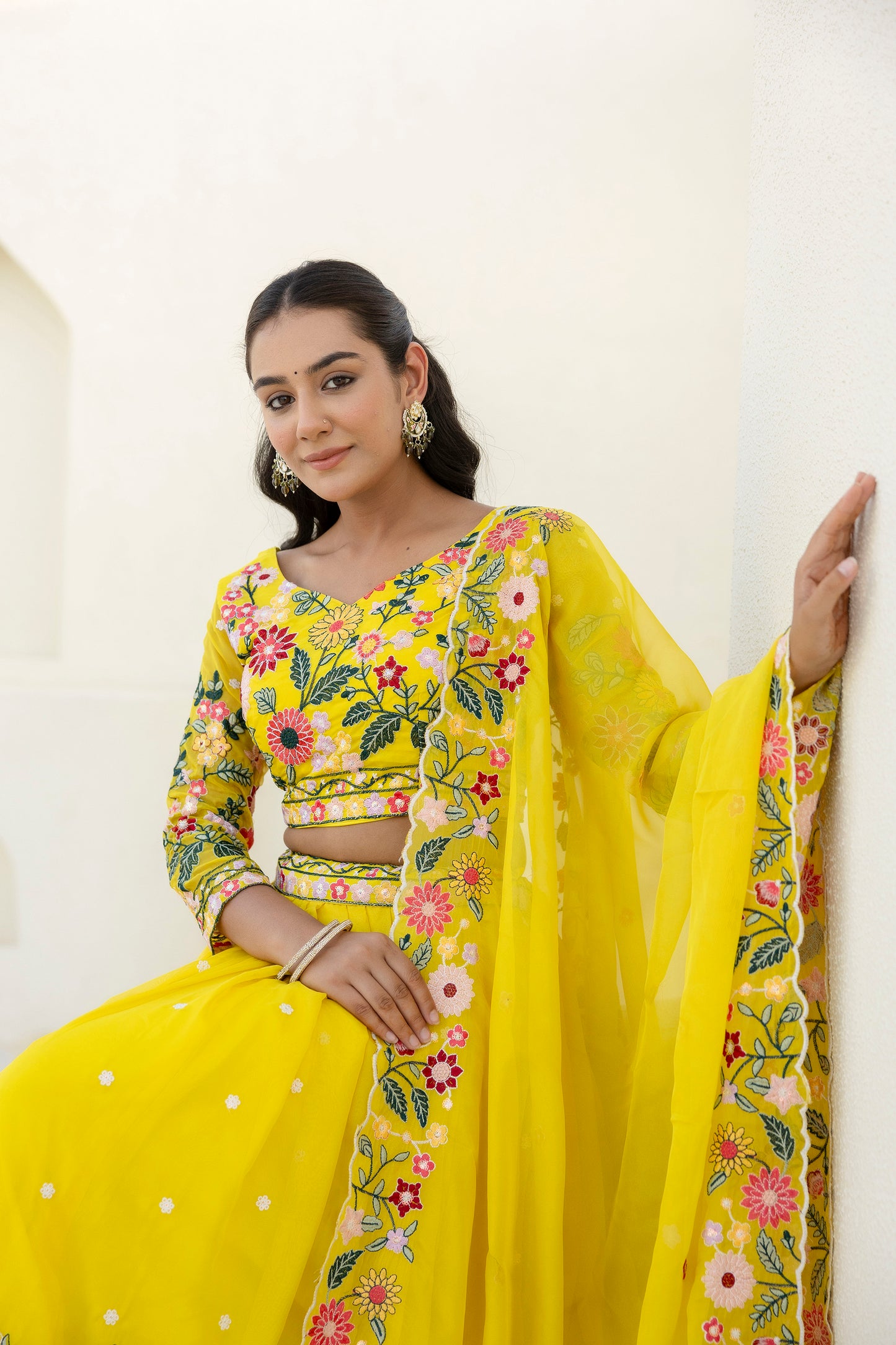 Yellow Floral Sequins Thread Embroidered Lehenga Choli
