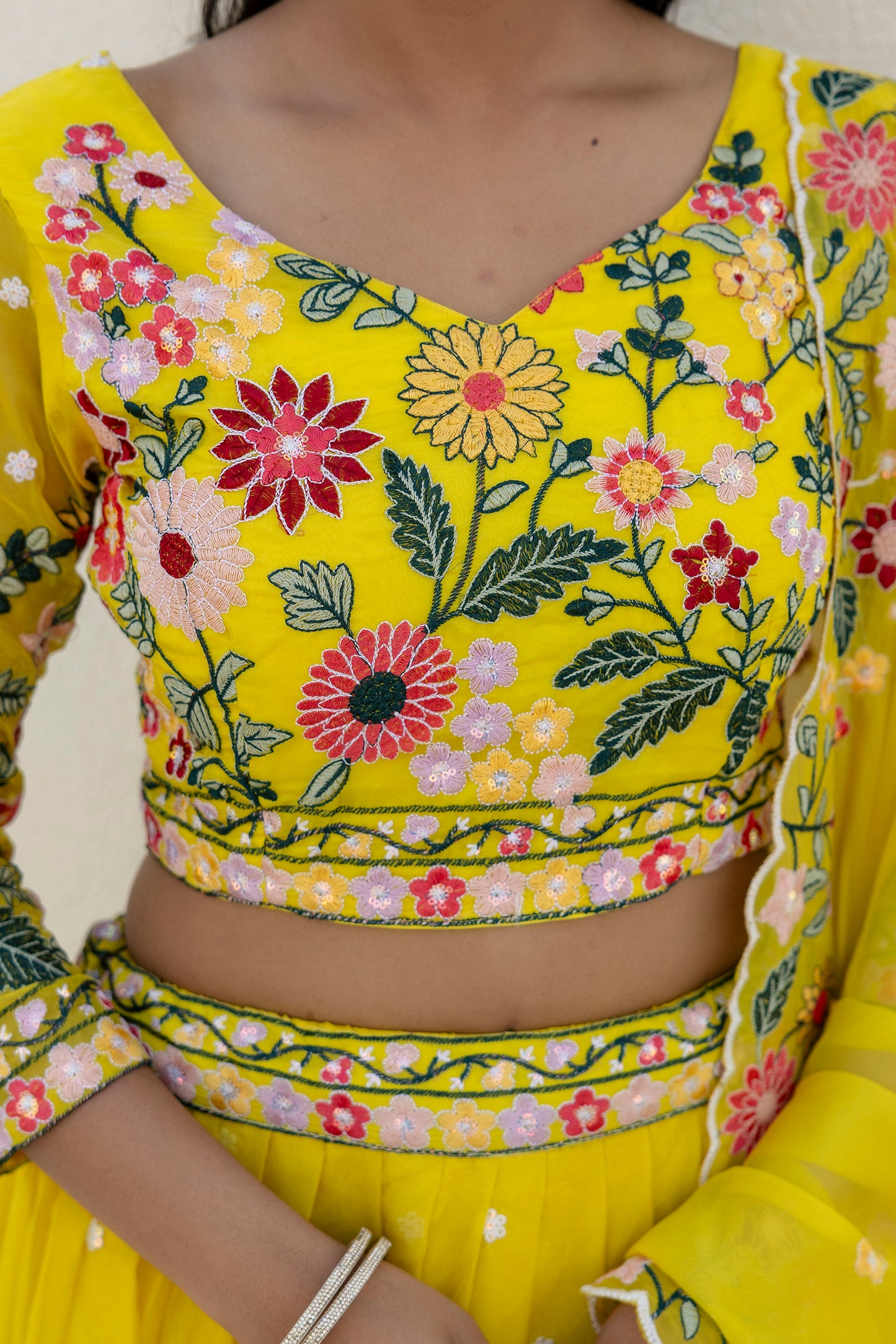 Yellow Floral Sequins Thread Embroidered Lehenga Choli