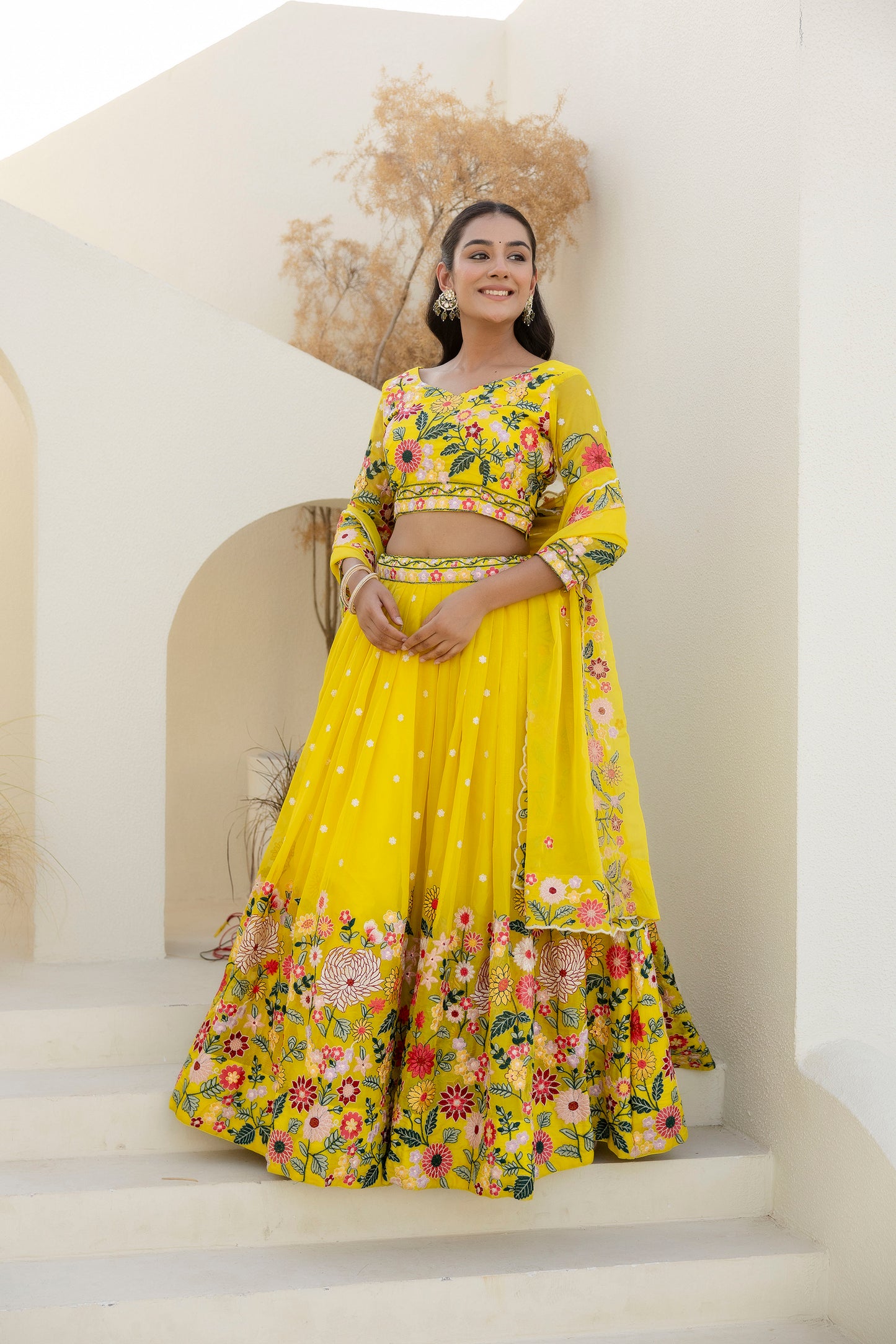 Yellow Floral Sequins Thread Embroidered Lehenga Choli