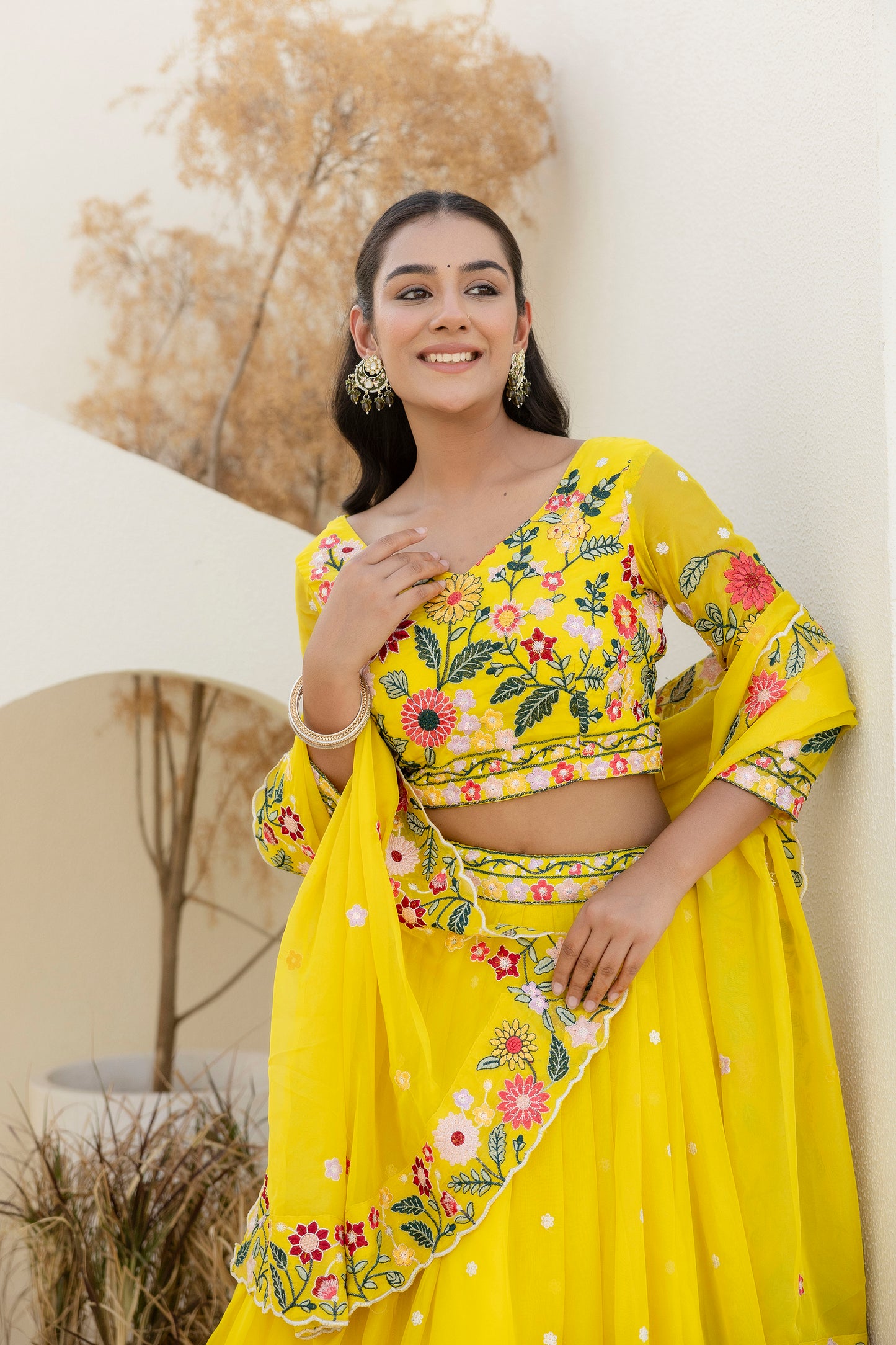 Yellow Floral Sequins Thread Embroidered Lehenga Choli