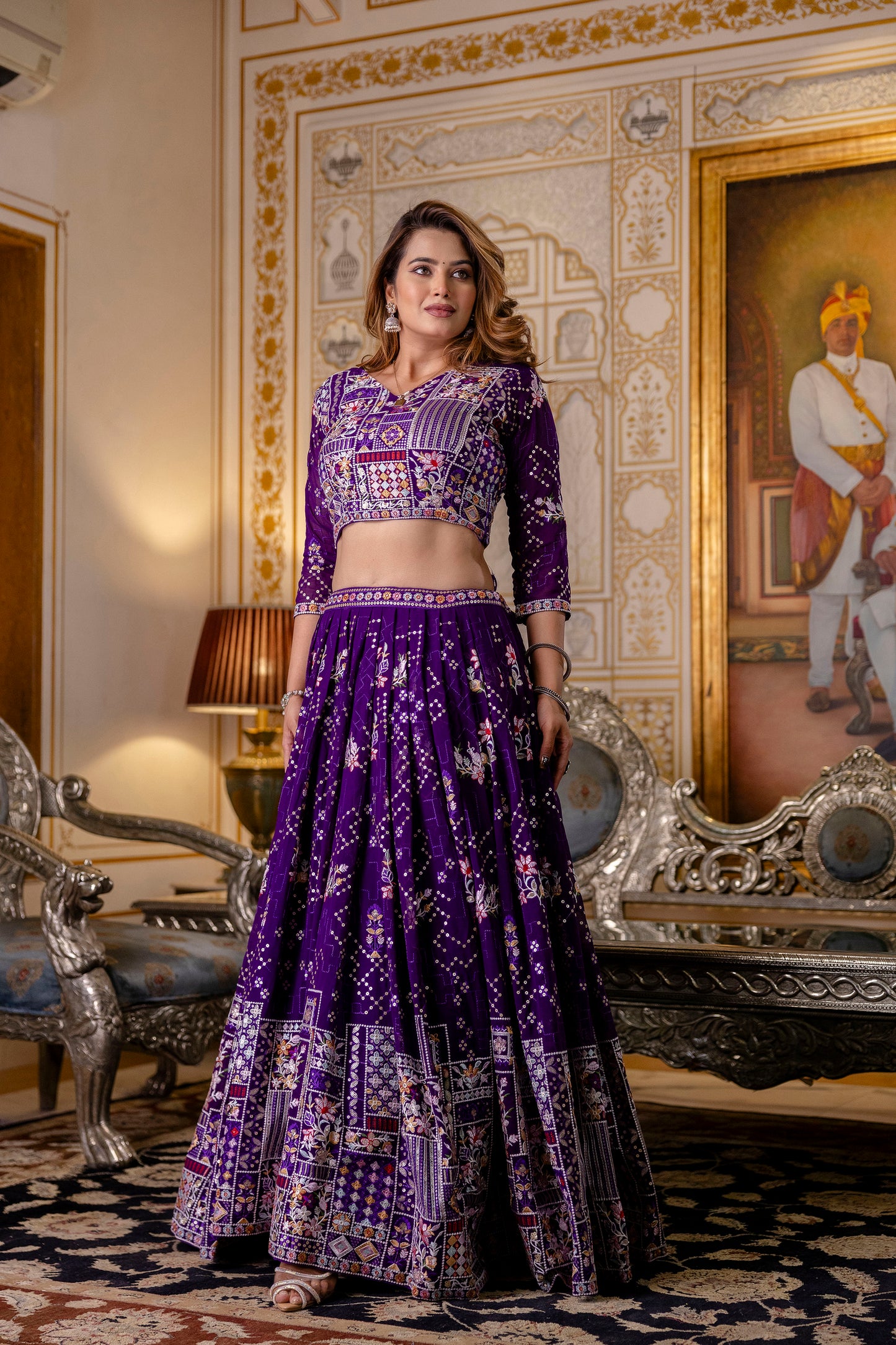 Purple Floral Sequins Thread Embroidered Lehenga Choli Set