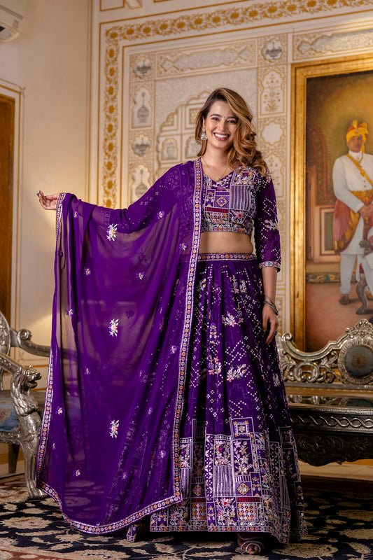 Purple Floral Sequins Thread Embroidered Lehenga Choli Set