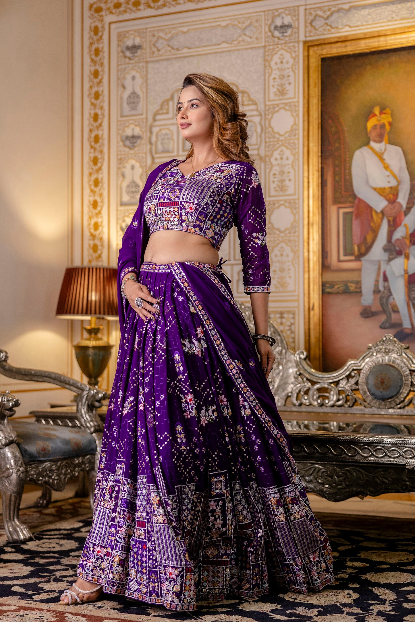 Purple Floral Sequins Thread Embroidered Lehenga Choli Set