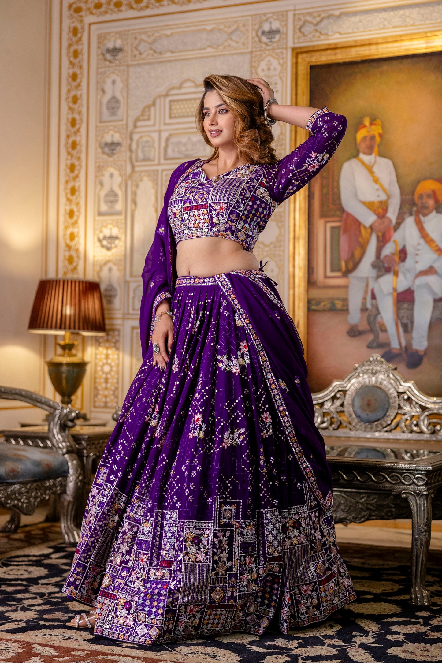 Purple Floral Sequins Thread Embroidered Lehenga Choli Set