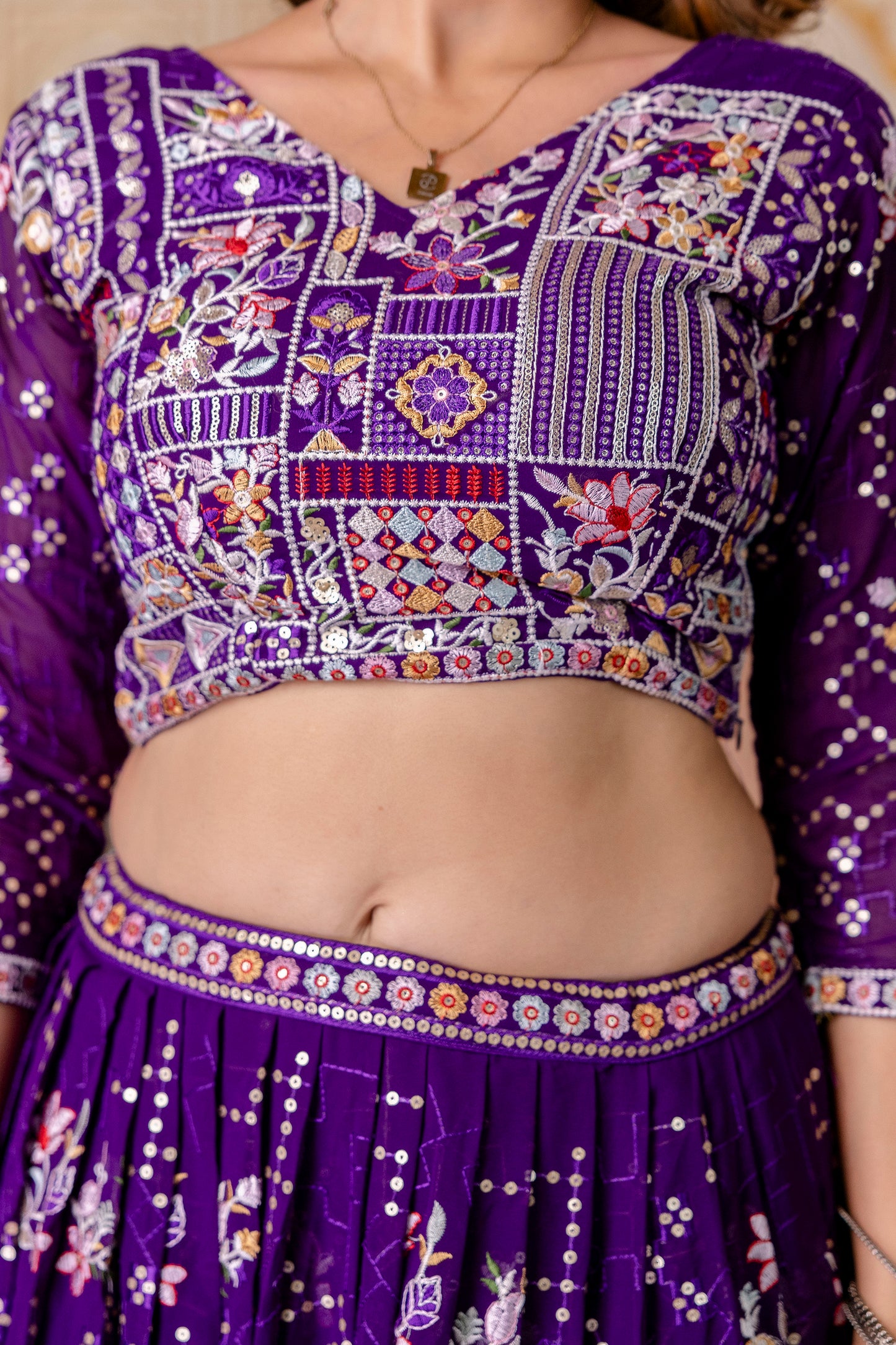 Purple Floral Sequins Thread Embroidered Lehenga Choli Set
