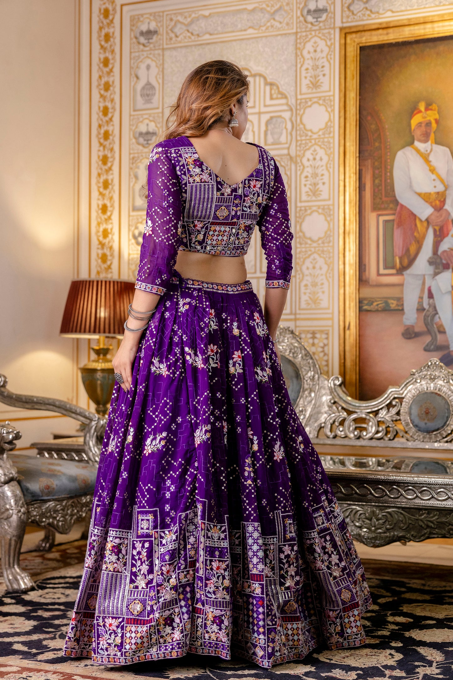 Purple Floral Sequins Thread Embroidered Lehenga Choli Set