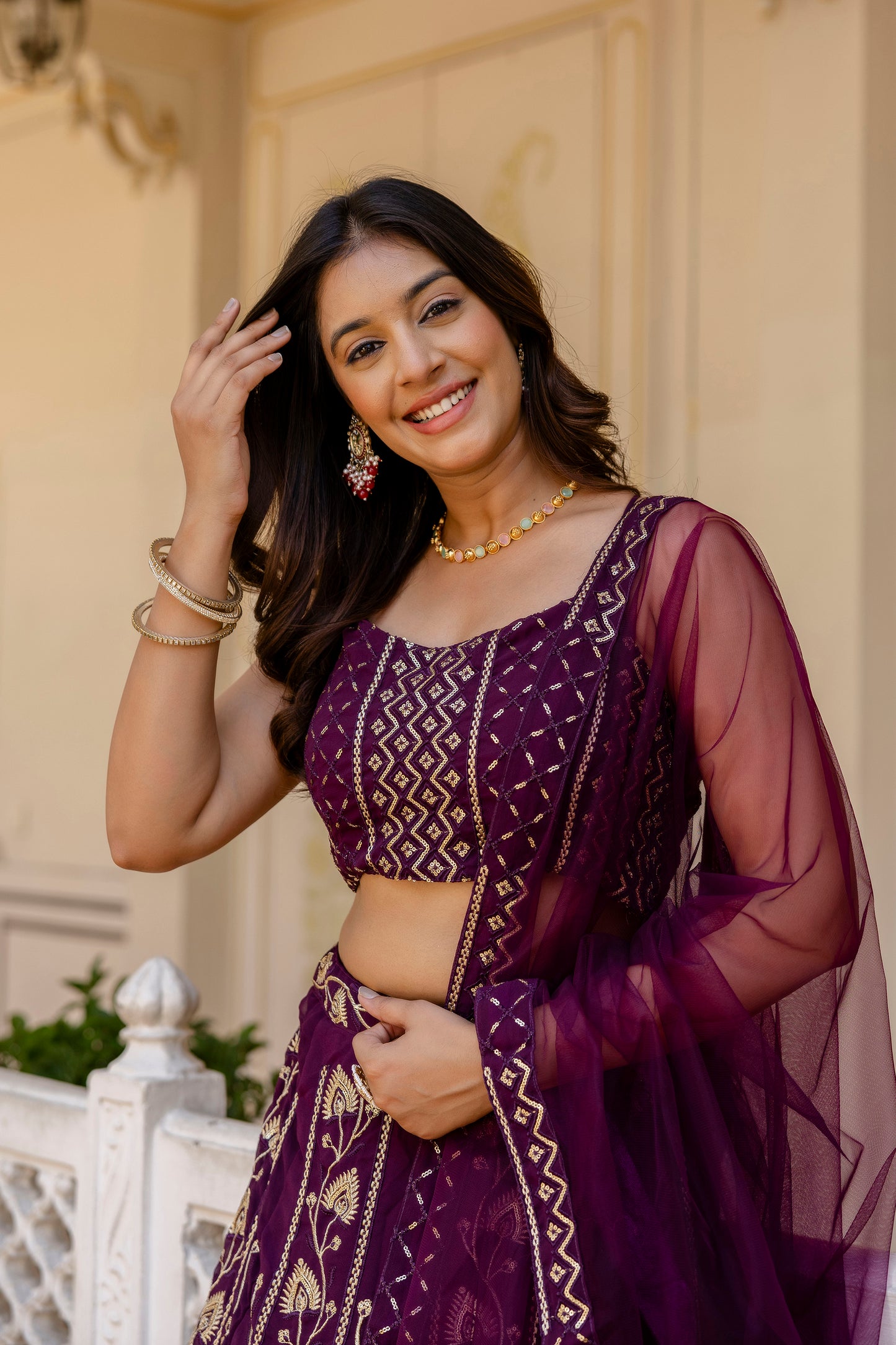Wine Georgette Sequins Embroidered Lehenga Choli Set