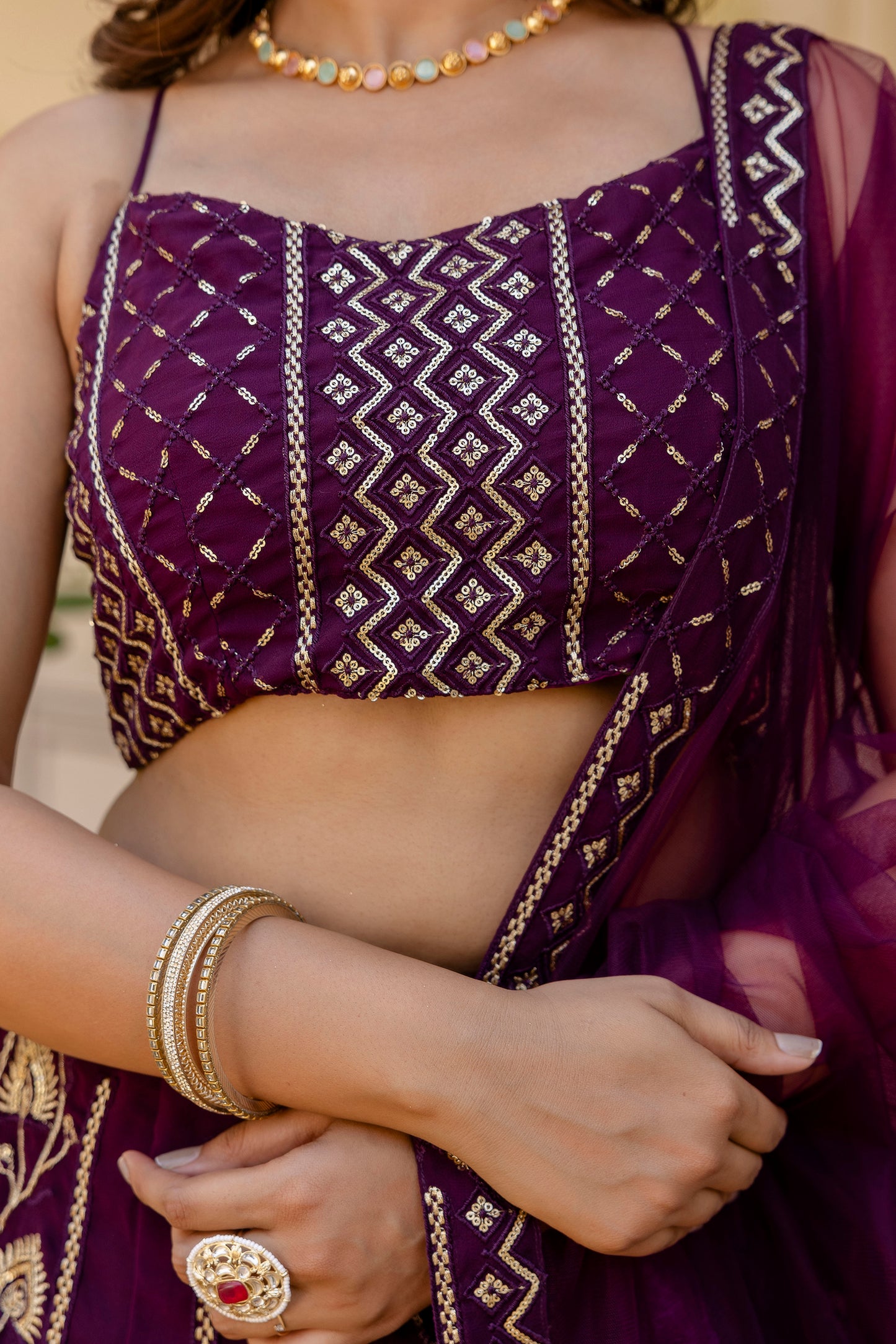 Wine Georgette Sequins Embroidered Lehenga Choli Set