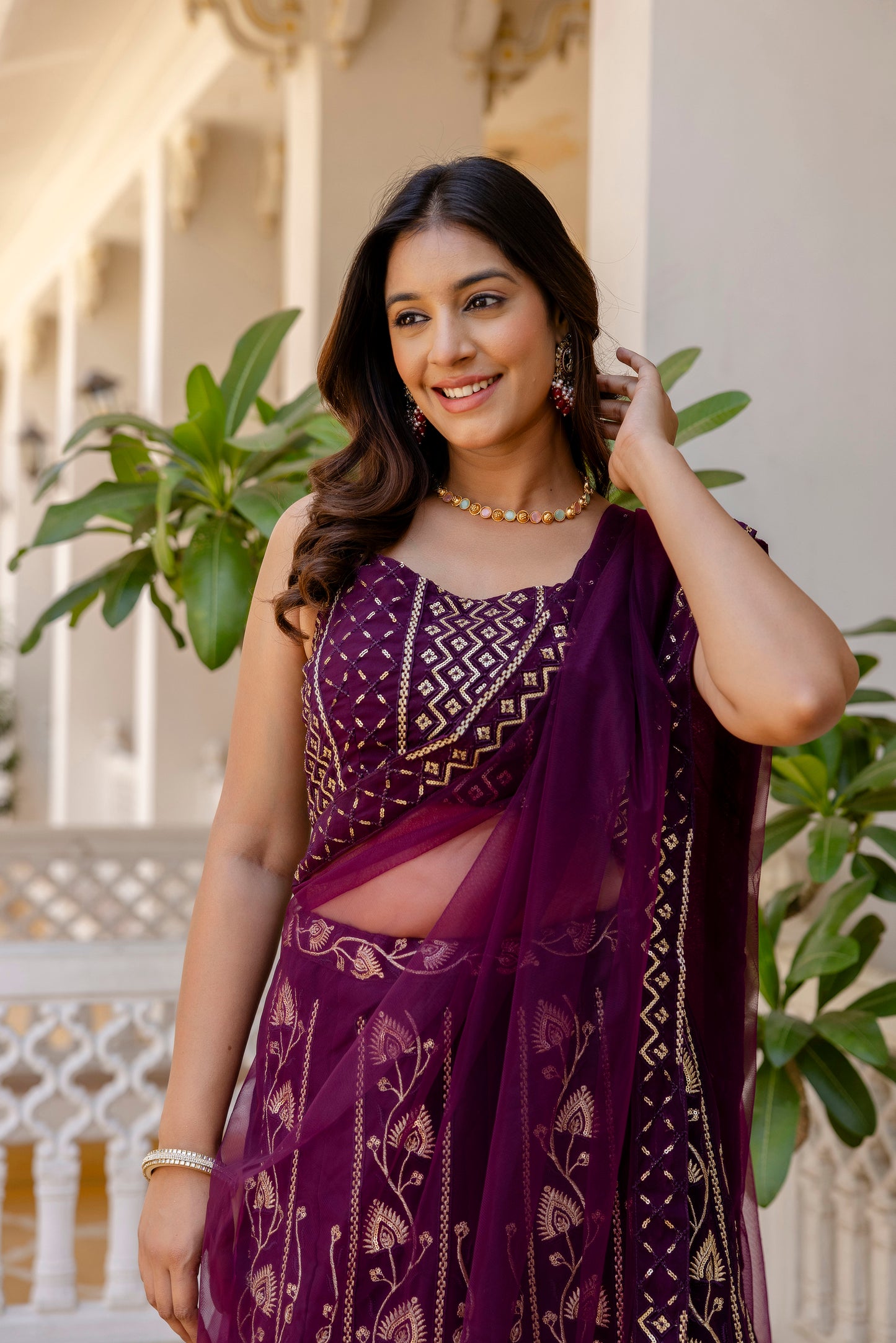 Wine Georgette Sequins Embroidered Lehenga Choli Set
