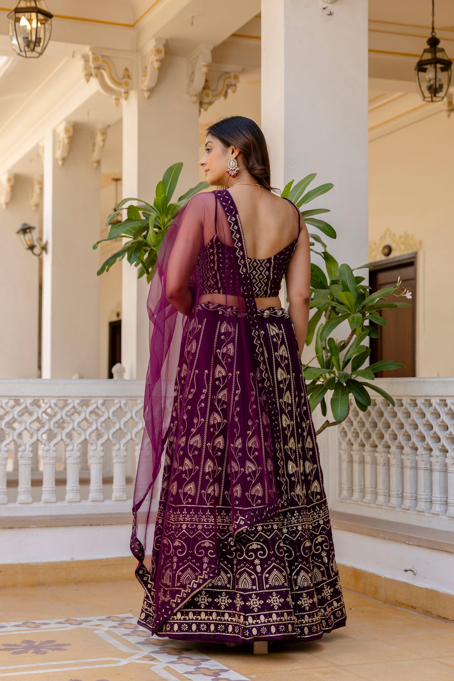 Wine Georgette Sequins Embroidered Lehenga Choli Set