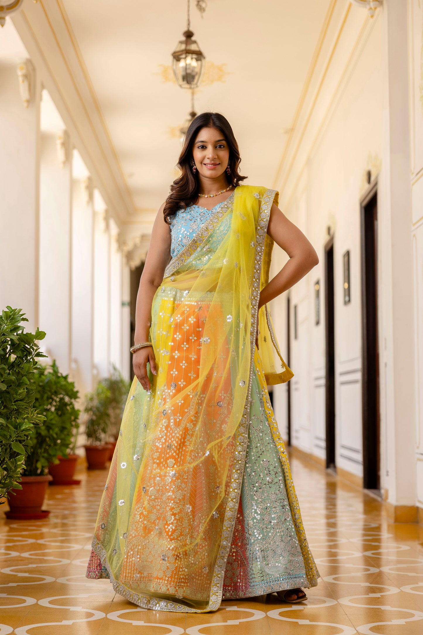 Multicolored Faux Georgette Sequins Thread Embroidered Lehenga Choli