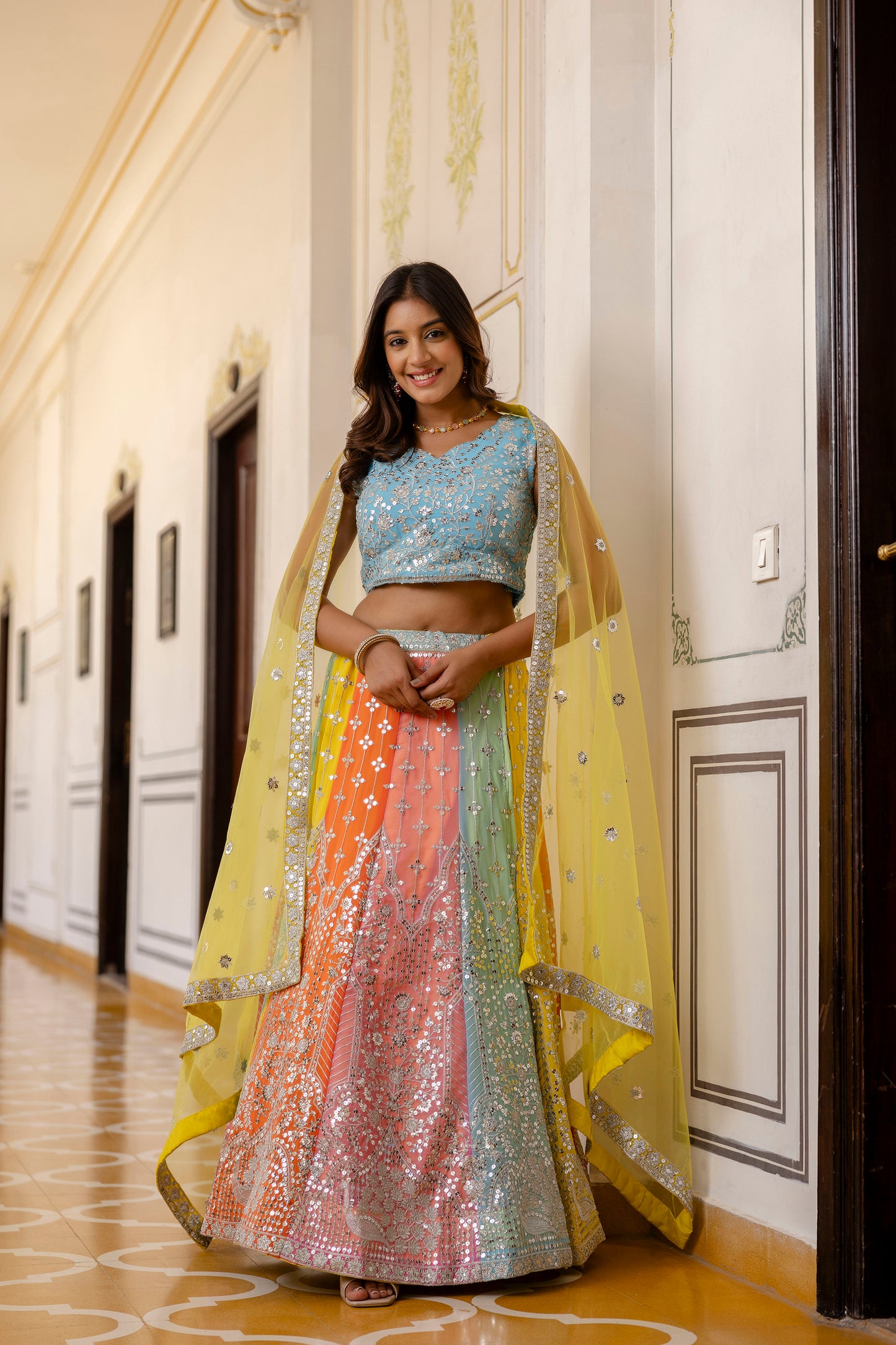 Multicolored Faux Georgette Sequins Thread Embroidered Lehenga Choli