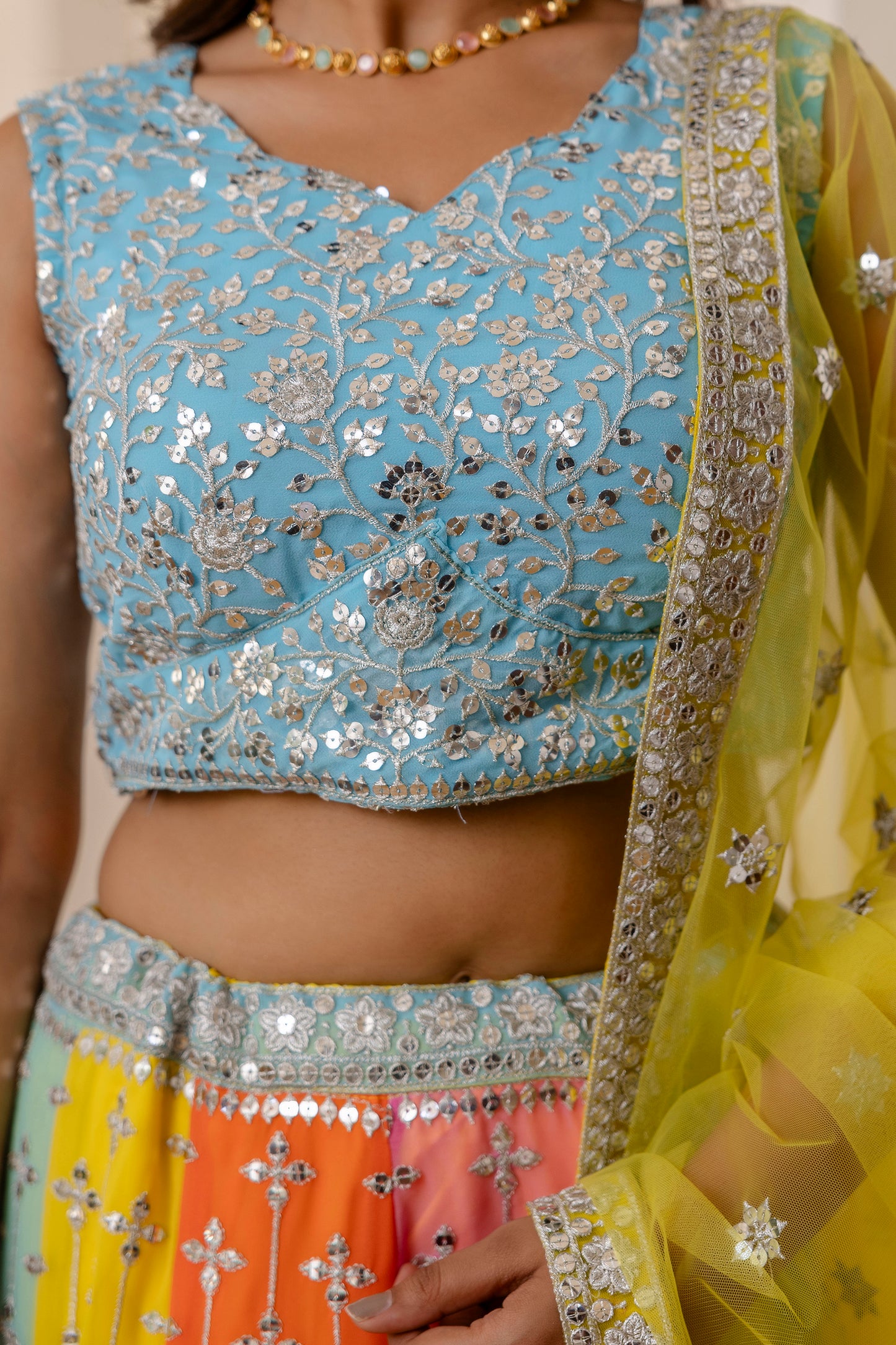 Multicolored Faux Georgette Sequins Thread Embroidered Lehenga Choli