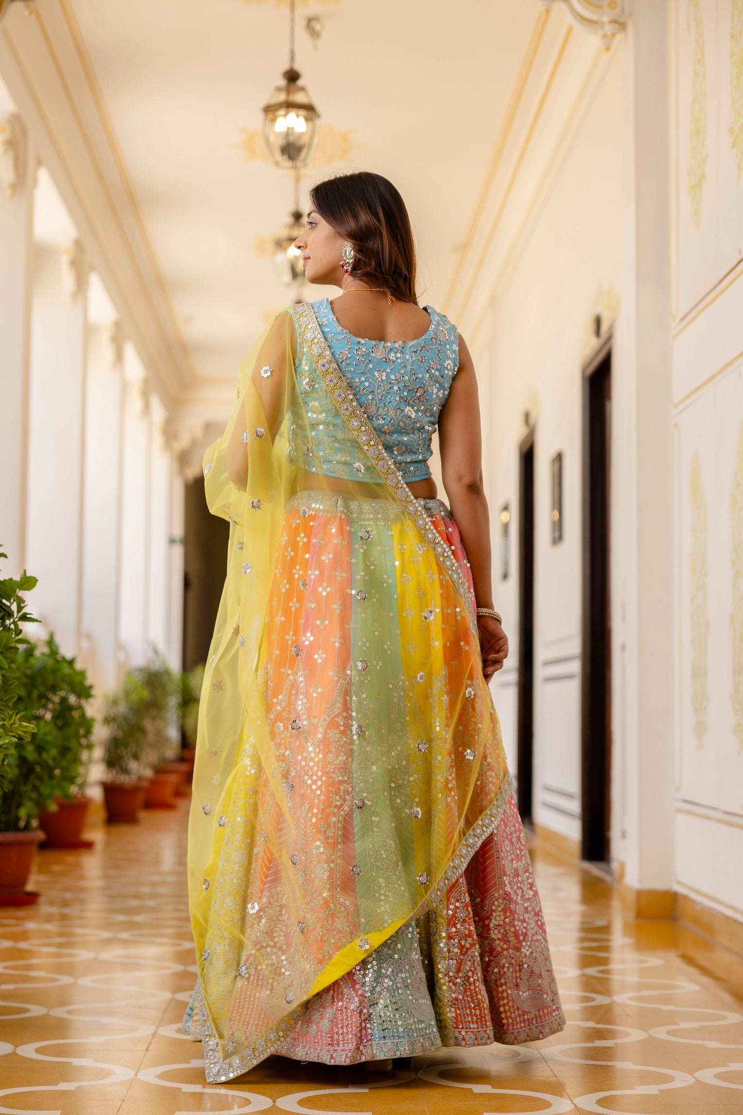 Multicolored Faux Georgette Sequins Thread Embroidered Lehenga Choli