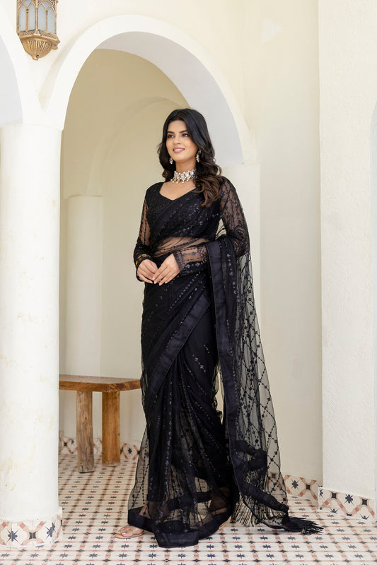 Black Soft Net Sequin Work Party Wear Saree with Full Sleeve Blouse