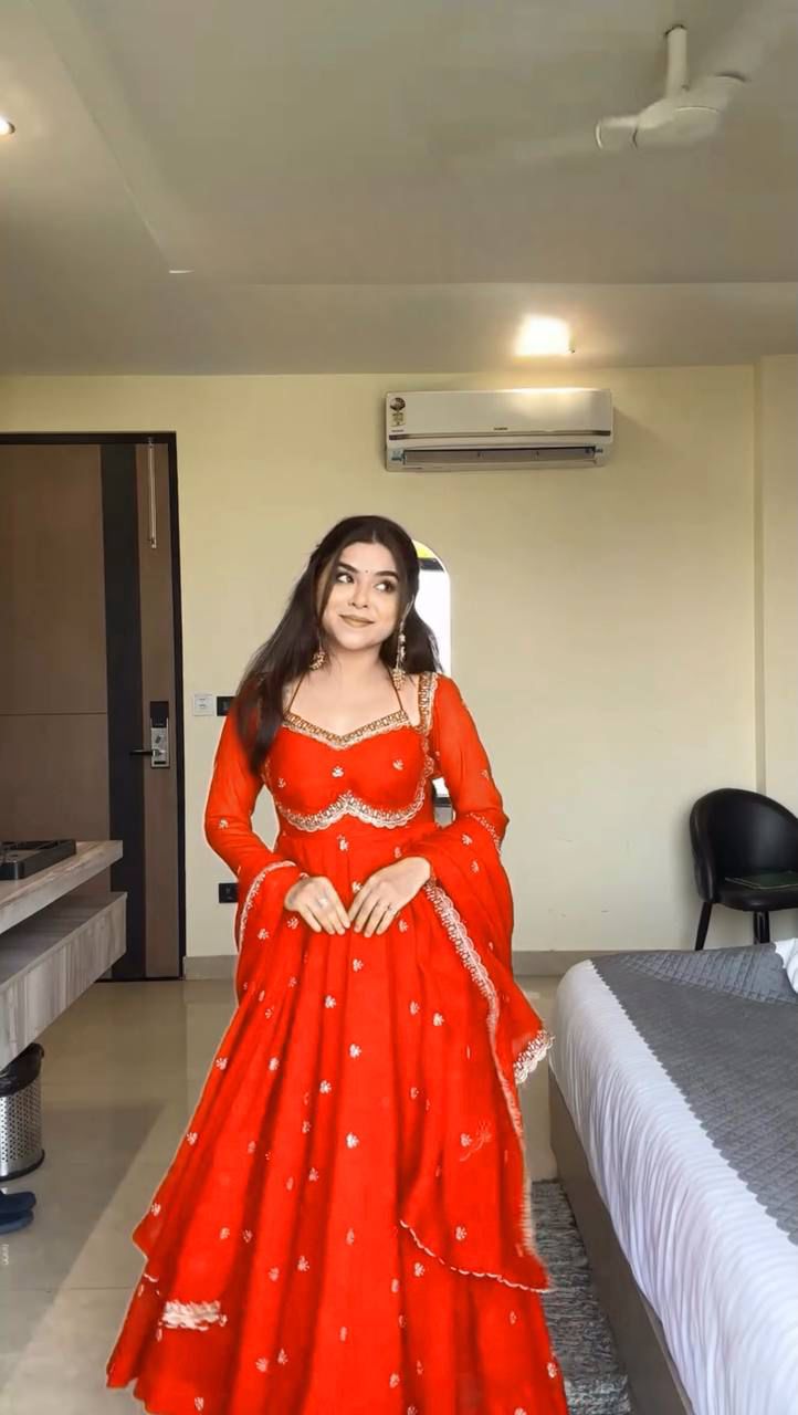 Red Chilli Slit Anarkali Premium Suit Set | Festive & Party Wear