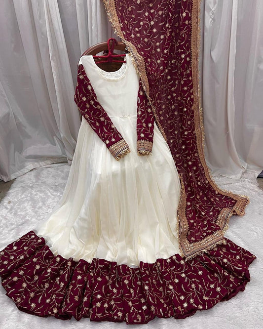 Exquisite White Chinon Silk Thread Sequins Worked Suit With Dupatta