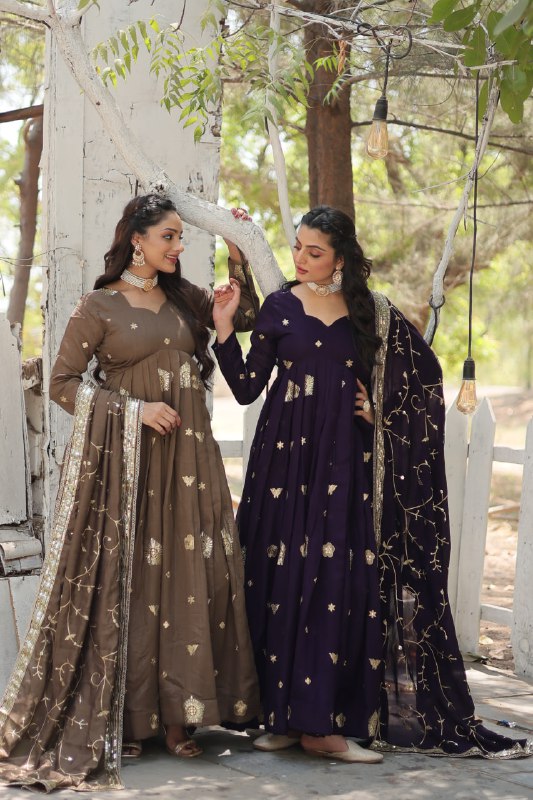 Graceful Rich Sequins Embroidered Fully Stitched Gown With Dupatta - Ethnicwish