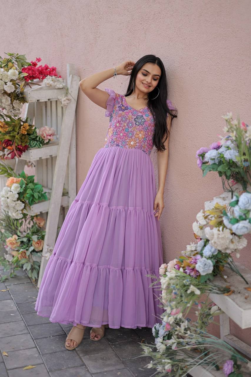 Timeless Rich Floral Position Printed Faux Georgette Gown - Ethnicwish