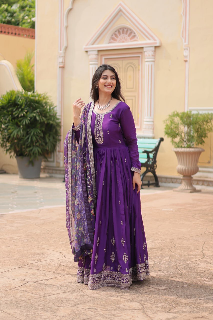 Stylish Chinon Rich Sequins Embroidered Fully Stitched Gown - Ethnicwish