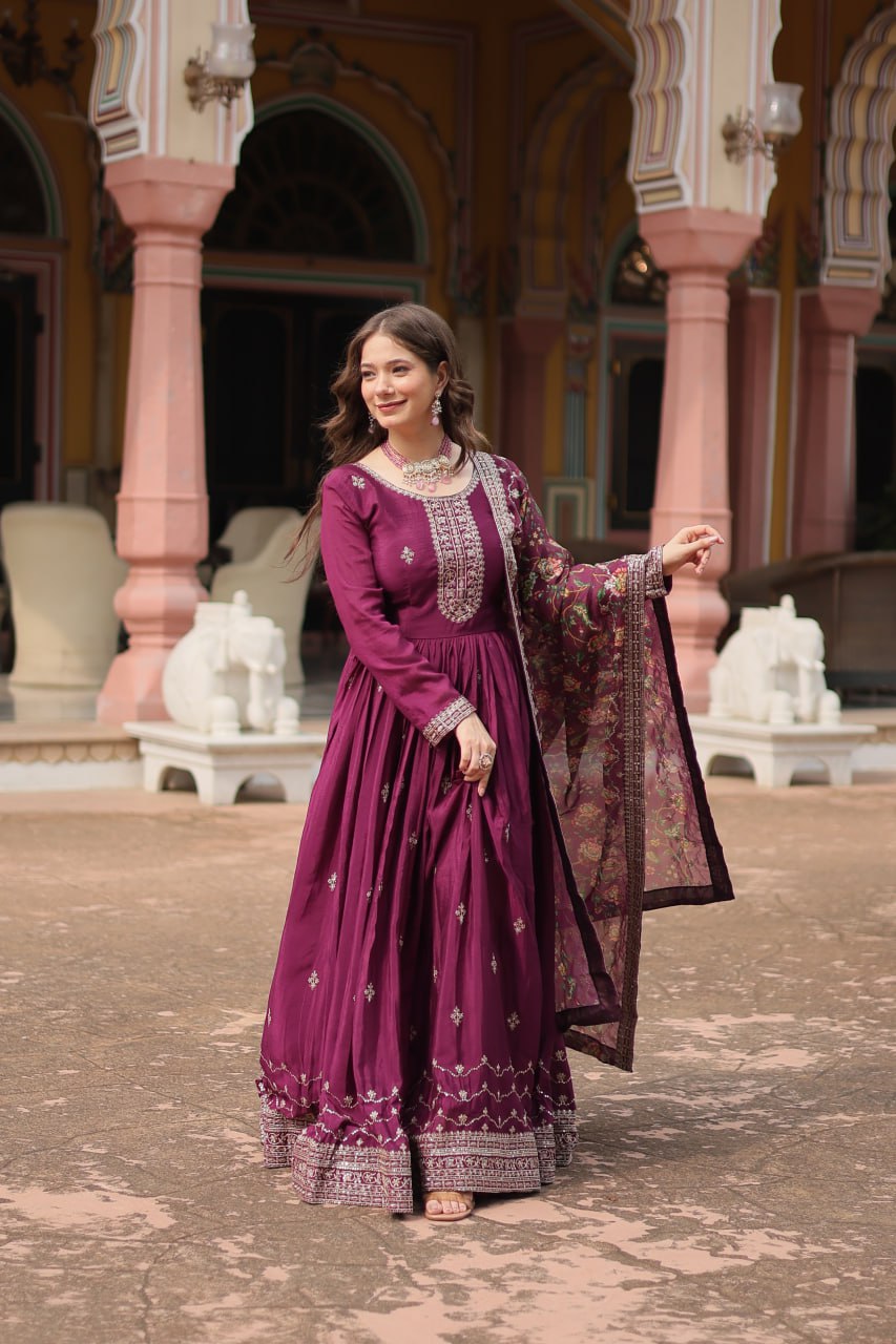 Stylish Chinon Rich Sequins Embroidered Fully Stitched Gown - Ethnicwish