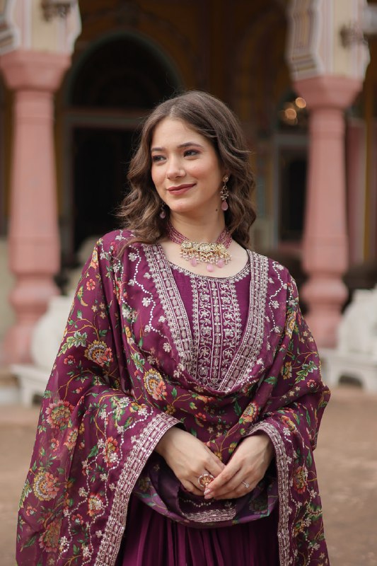 Stylish Chinon Rich Sequins Embroidered Fully Stitched Gown - Ethnicwish