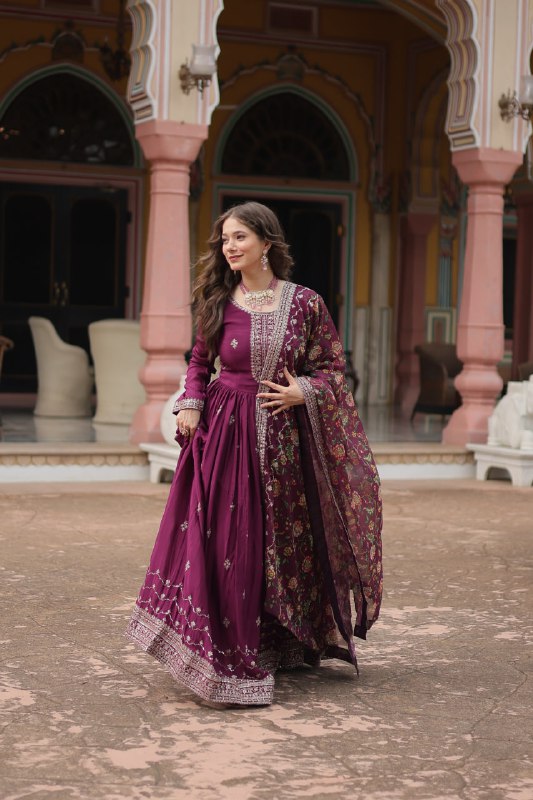 Stylish Chinon Rich Sequins Embroidered Fully Stitched Gown - Ethnicwish