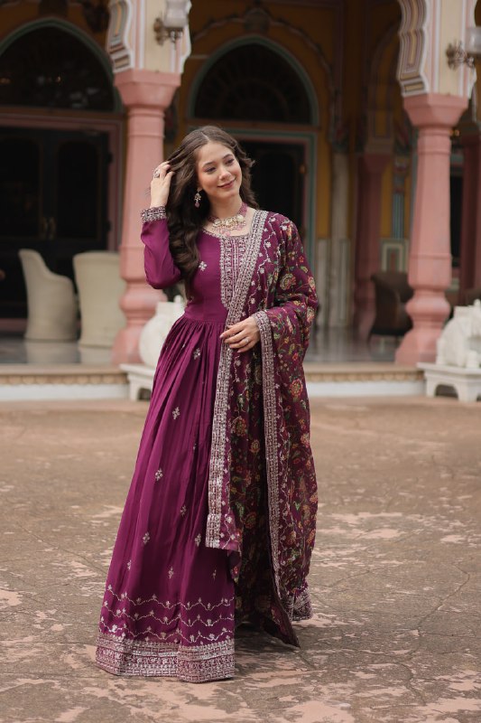 Stylish Chinon Rich Sequins Embroidered Fully Stitched Gown - Ethnicwish