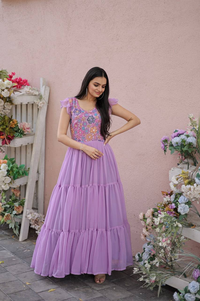 Timeless Rich Floral Position Printed Faux Georgette Gown - Ethnicwish