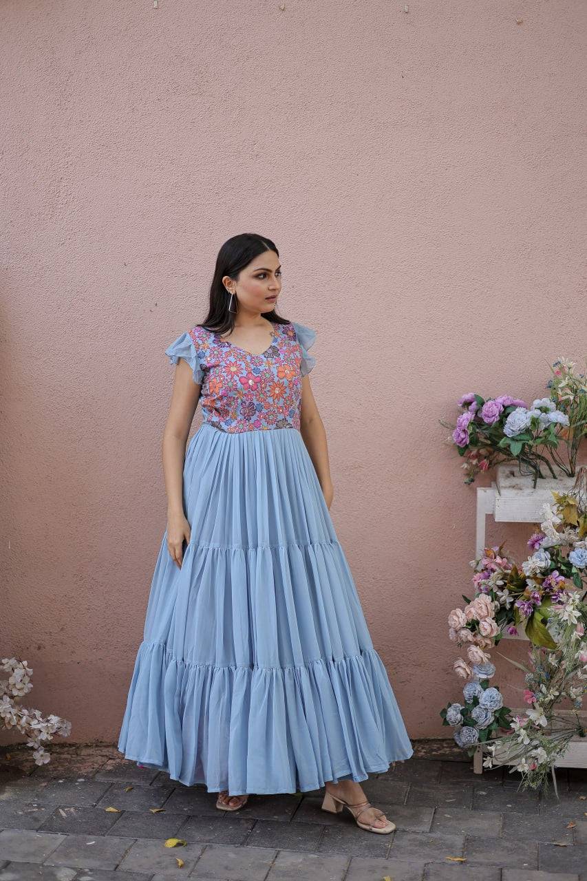 Timeless Rich Floral Position Printed Faux Georgette Gown - Ethnicwish