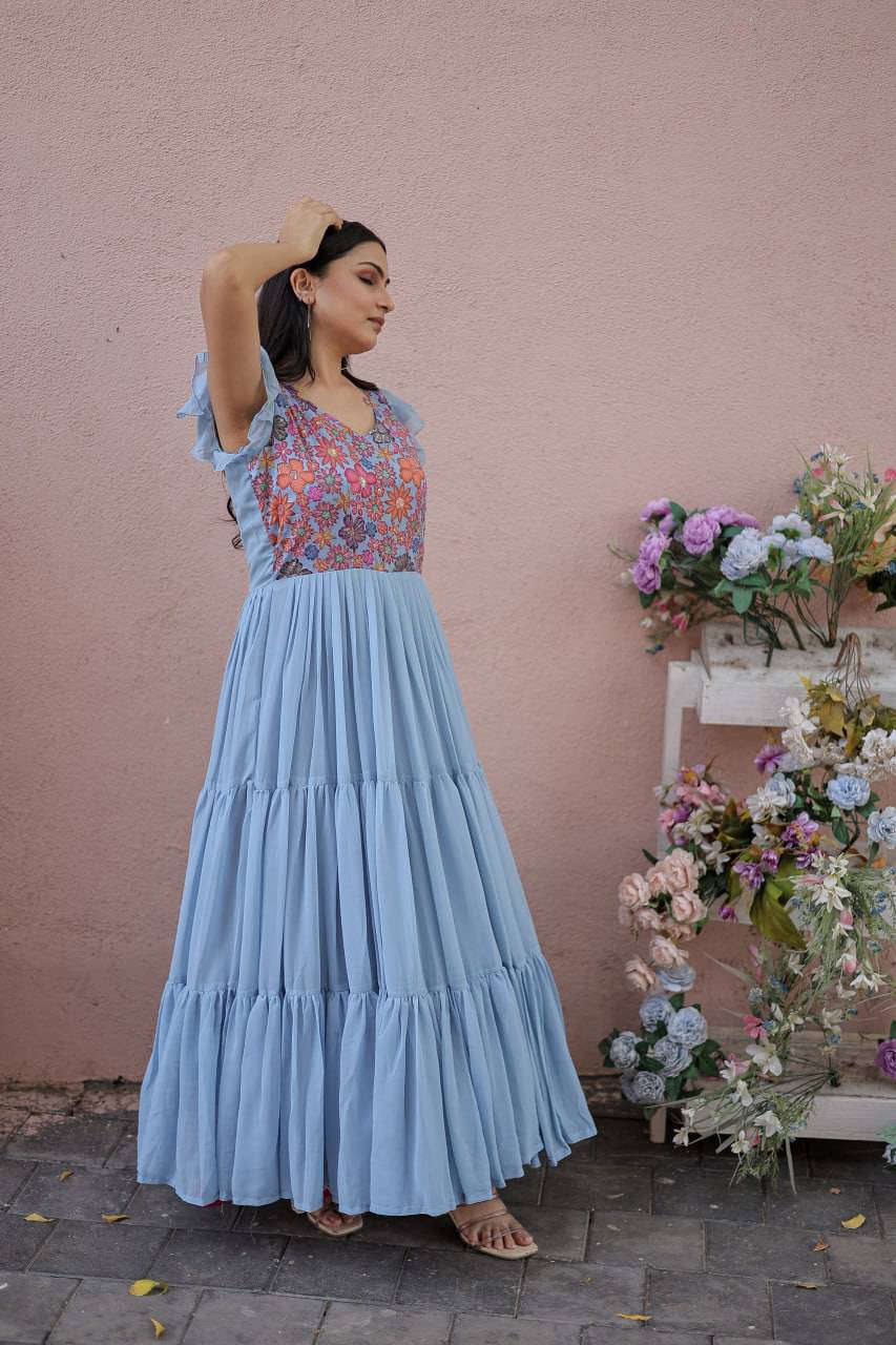 Timeless Rich Floral Position Printed Faux Georgette Gown - Ethnicwish